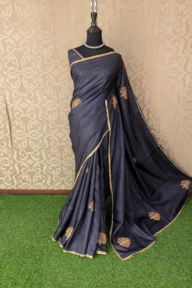 Dark Purple Tussar Zardosi Work Saree, With Unstiched Blouse