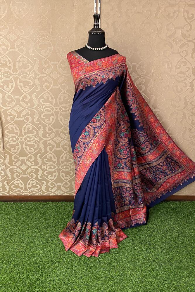 Navy Blue Pure Kani Handloom Silk Saree With Unstiched Jamewar Woven Blouse