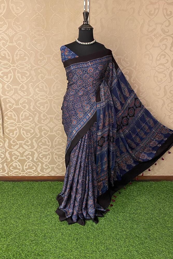 Deep Blue Pure Modal Silk Ajrakh Printed Saree With Unstiched Blouse