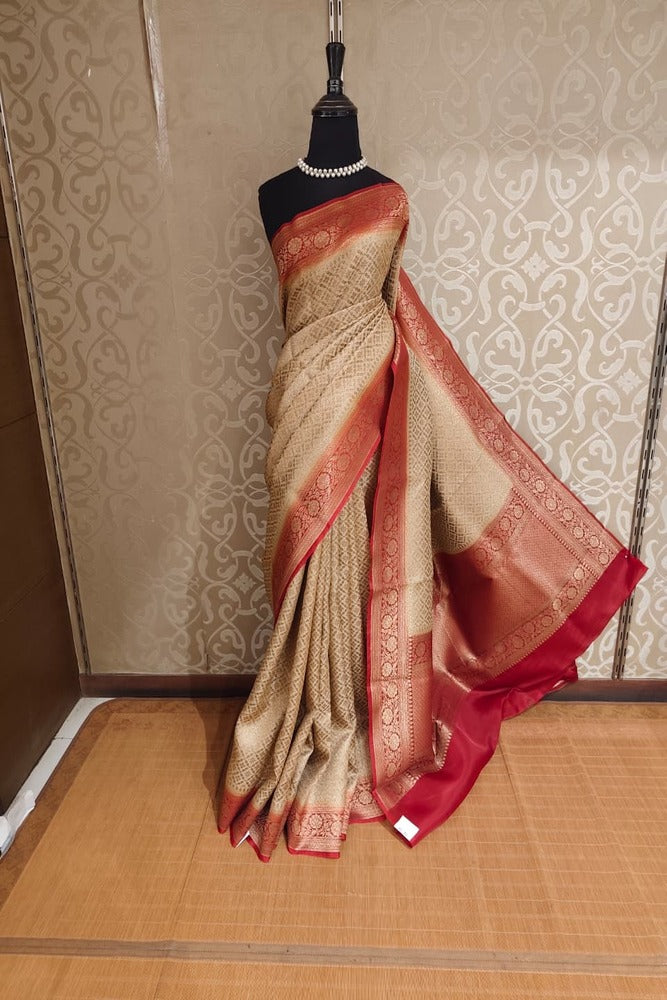 Beige Brocade Kora Banarasi Silk Saree, With Unstiched Blouse