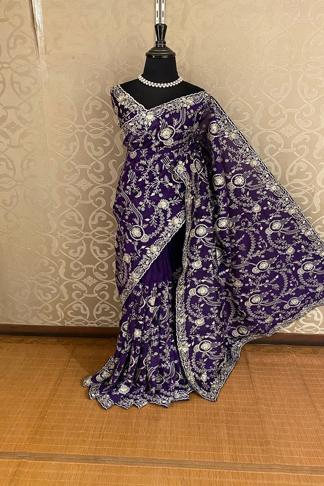 Purple Soft Organza Silk Embroidery Saree, With Unstiched Blouse