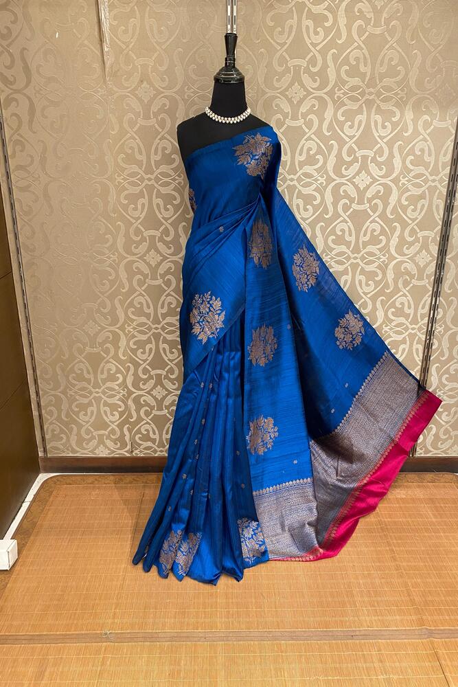 Indigo Blue Pure Raw Tussar Banarasi Silk Saree, Hand Woven Motifs With Unstiched Blouse