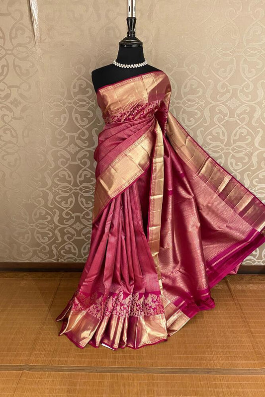 Magenta pure Kanjeevaram silk saree with intricate gold zari work and matching unstiched blouse, traditional Indian wear by Saarang Sarees