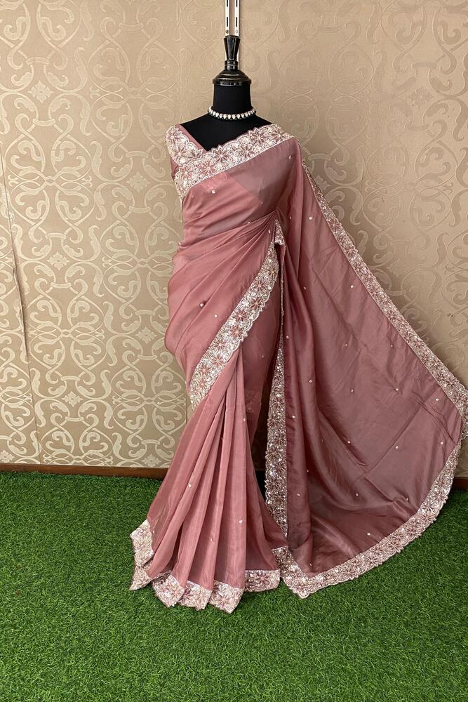 Dusty Rose pink tissue organza silk embroidery saree with unstitched blouse, perfect for party wear by Saarang Sarees.