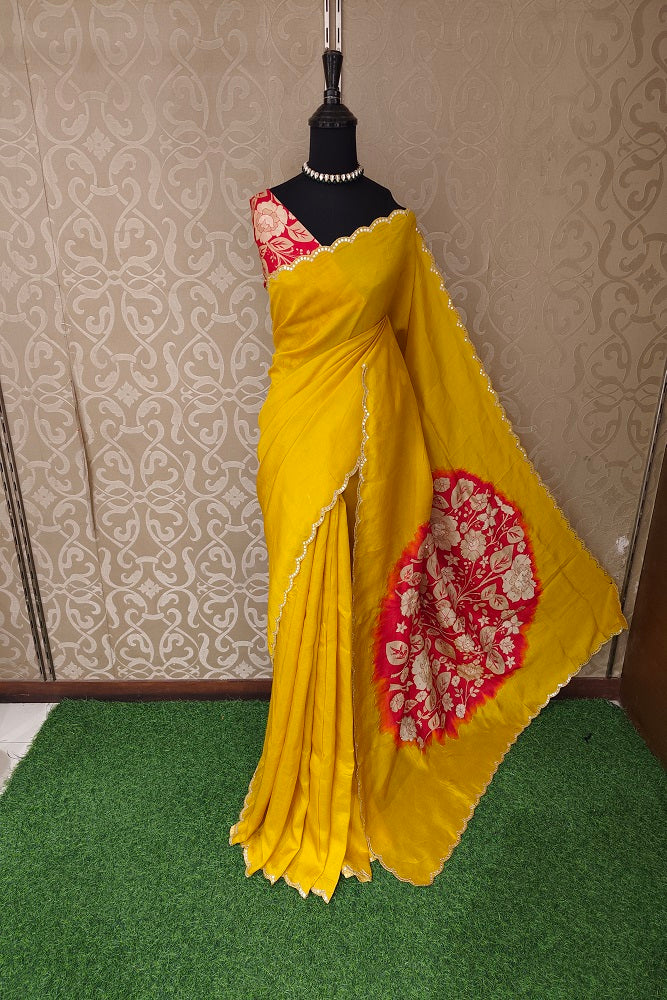 Mustrad Yellow Dupion Silk Embroidery Sarees, With Unstiched Blouse