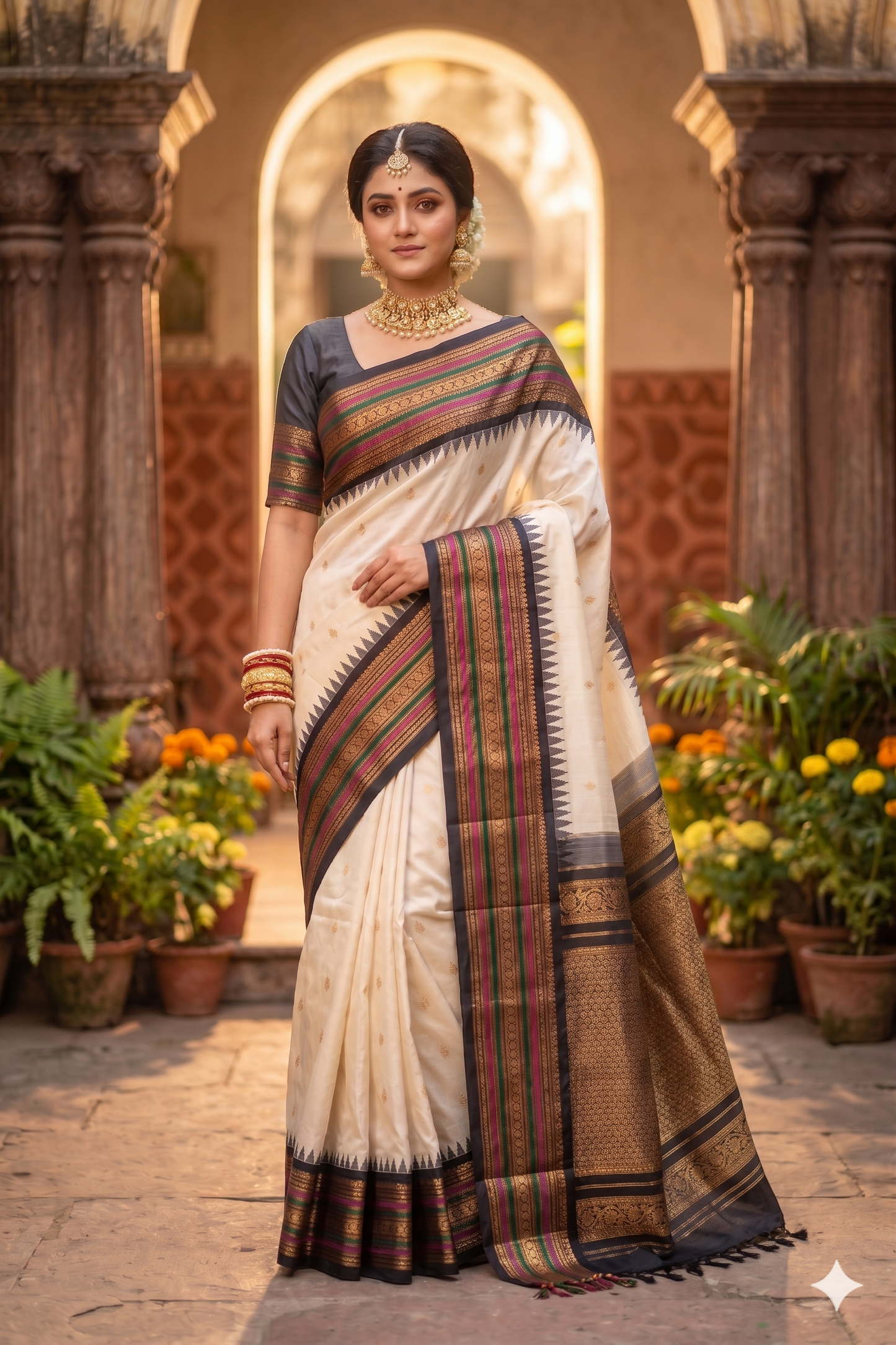 Off-White Gadwal silk saree with intricate traditional design and matching unstiched blouse from Saarang Sarees.