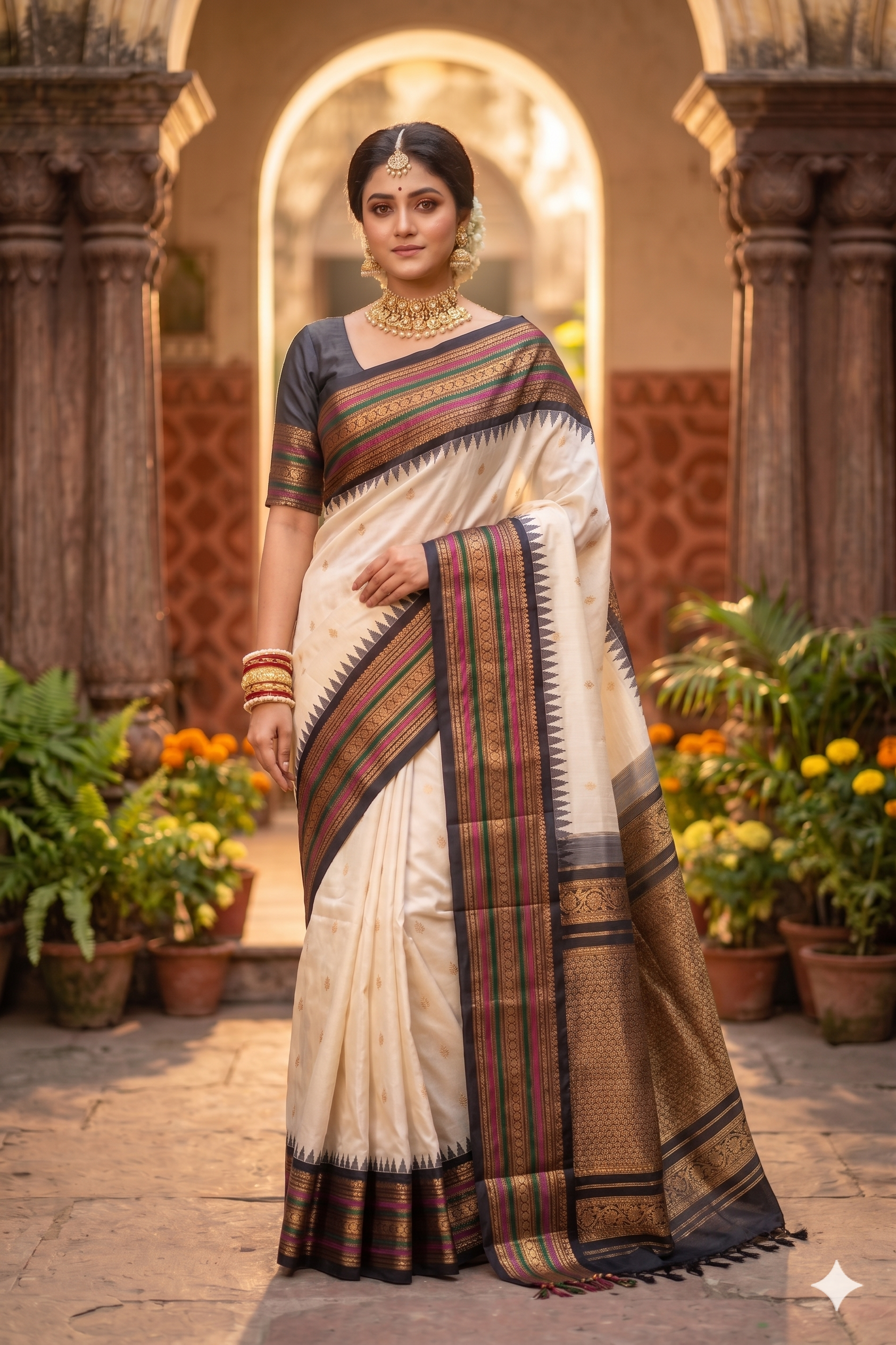 Off-White Gadwal silk saree with intricate traditional design and matching unstiched blouse from Saarang Sarees.