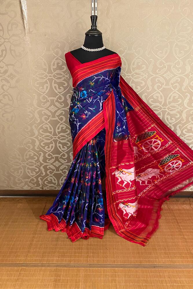 Purple and blue Pochampally Ikat silk saree with white weaving and unstiched blouse, traditional wear by Saarang Sarees.