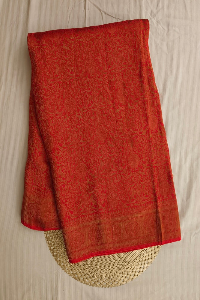 Red Semi Brocade Silk Saree, With Unstiched Blouse