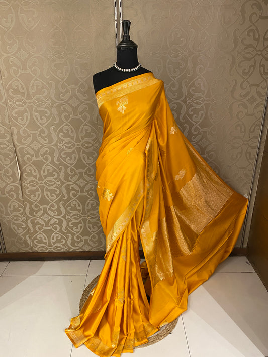 Mustard Yellow Mashru Silk Banarasi Handloom Saree, With Unstiched Blouse