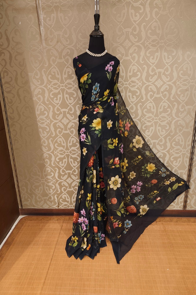 Black Floral Printed Chiffon Saree, With Unstiched Blouse Piece