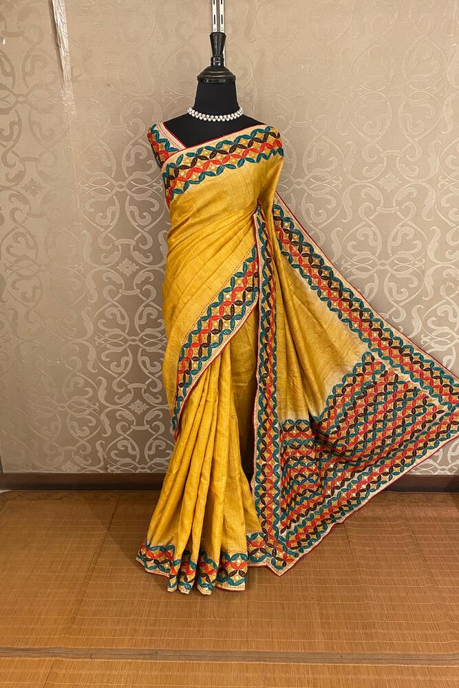 Mustard Yellow Tussar Embroidery Saree With Kathiawari Work Border, With Unstitched Blouse