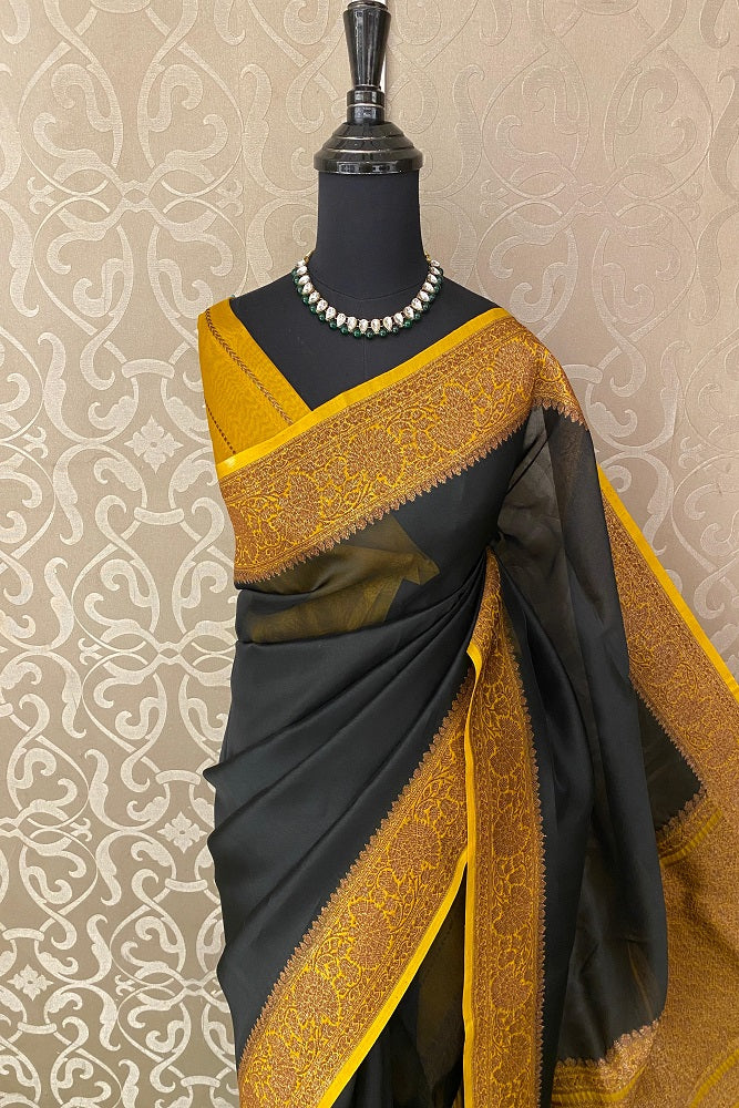 Black Kora Banarasi Silk Saree, With Unstiched Blouse