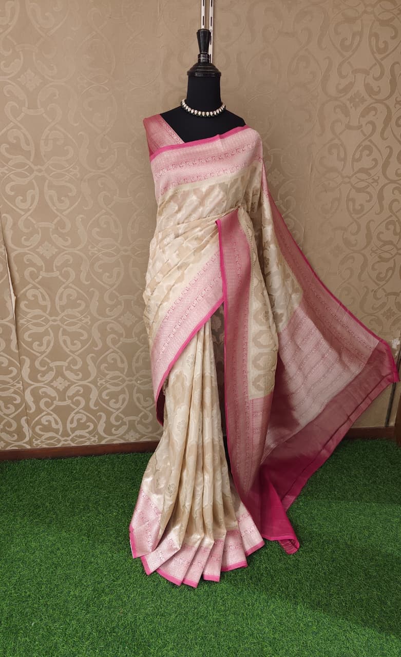 Off-White Tissue Banarasi Silk Saree, With Unstiched Blouse