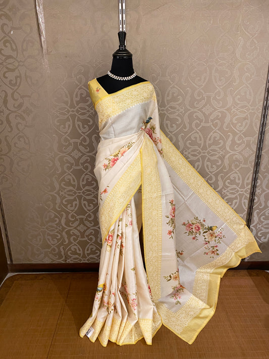 Off-White Tussar Resham Embroidery Saree, With Unstiched Blouse