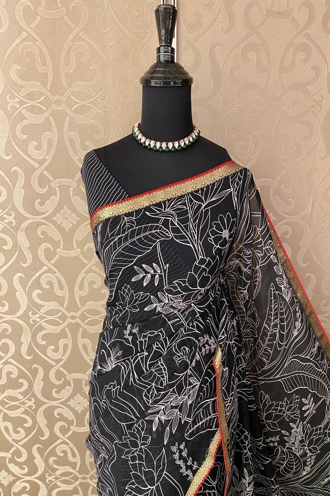 Black Chiffon Saree, With Unstiched Blouse