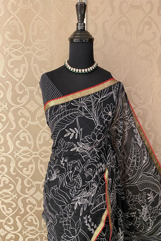 Black Chiffon Saree, With Unstiched Blouse