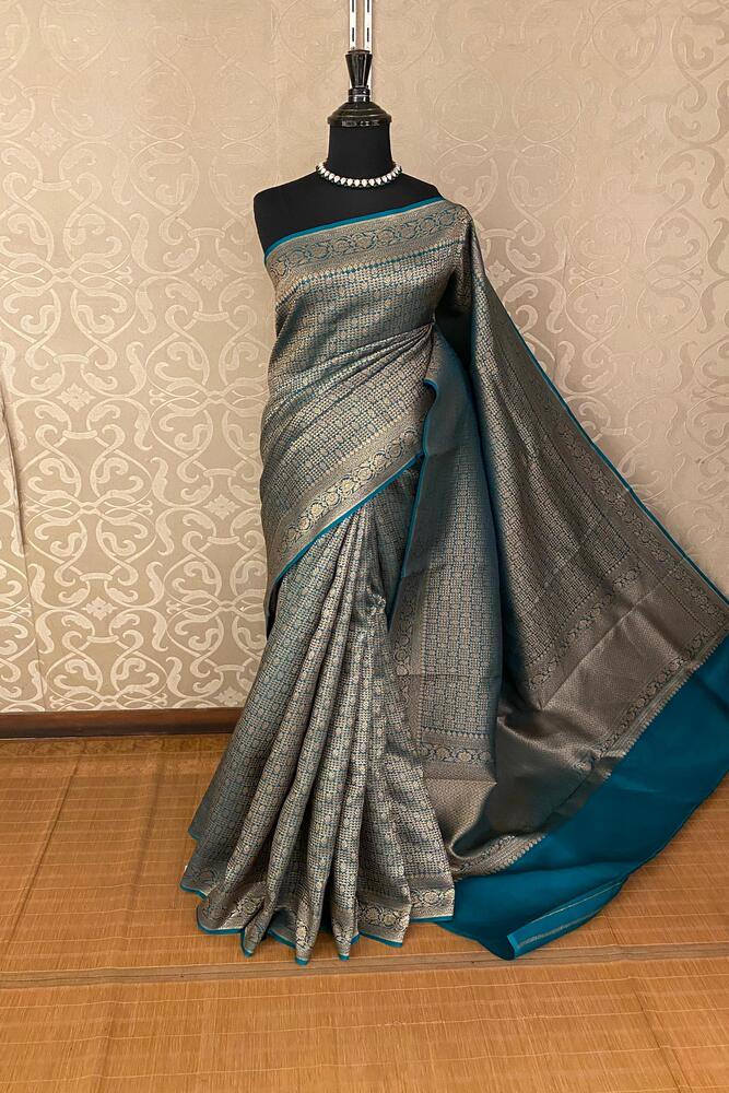 Royal Blue Brocade Kora Banarasi Silk Saree, With Unstiched Blouse