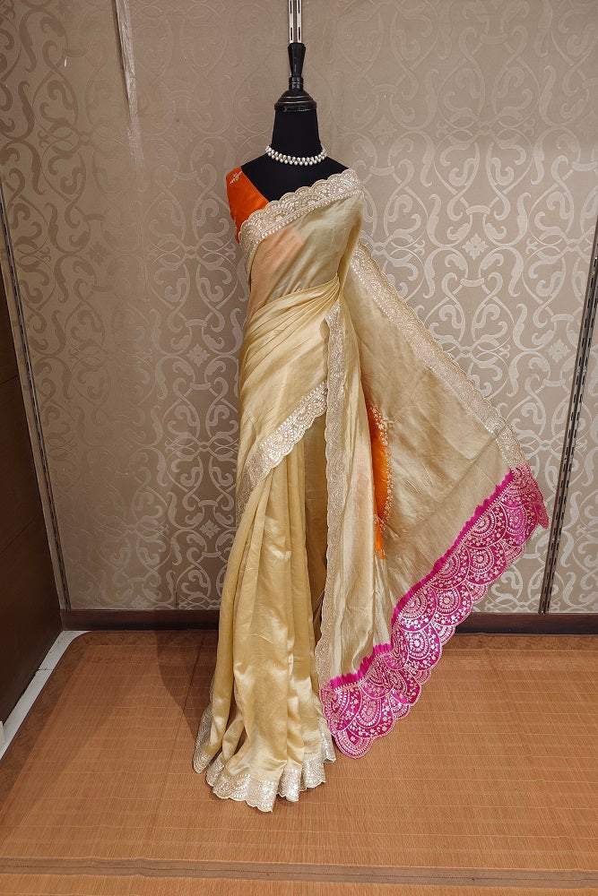 Golden Beige Tussar Silk Printed Saree With Aari Work Border, With Unstiched Blouse