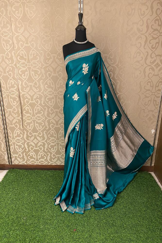 Greenish Blue Mashru Silk Banarasi Handloom Saree, With Unstiched Blouse