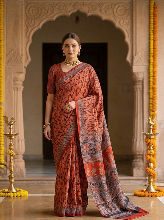 Soft red pure modal silk Ajrakh printed saree with unstiched blouse, traditional wear by Saarang Sarees.