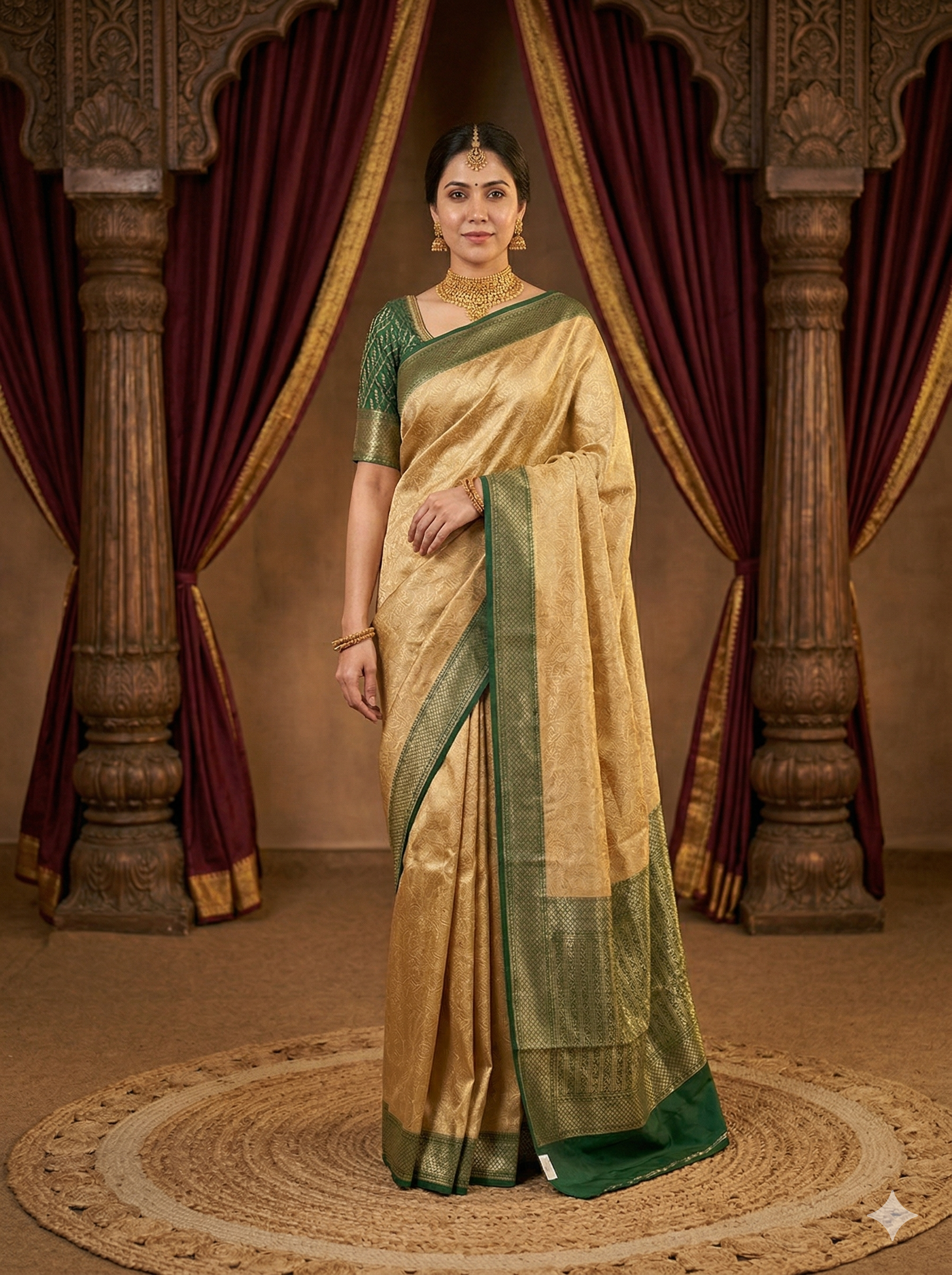 Beige brocade Chanderi silk saree with intricate patterns and unstiched blouse, traditional wear by Saarang Sarees.