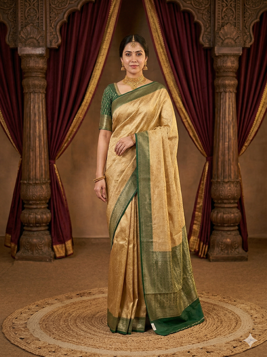 Beige brocade Chanderi silk saree with intricate patterns and unstiched blouse, traditional wear by Saarang Sarees.