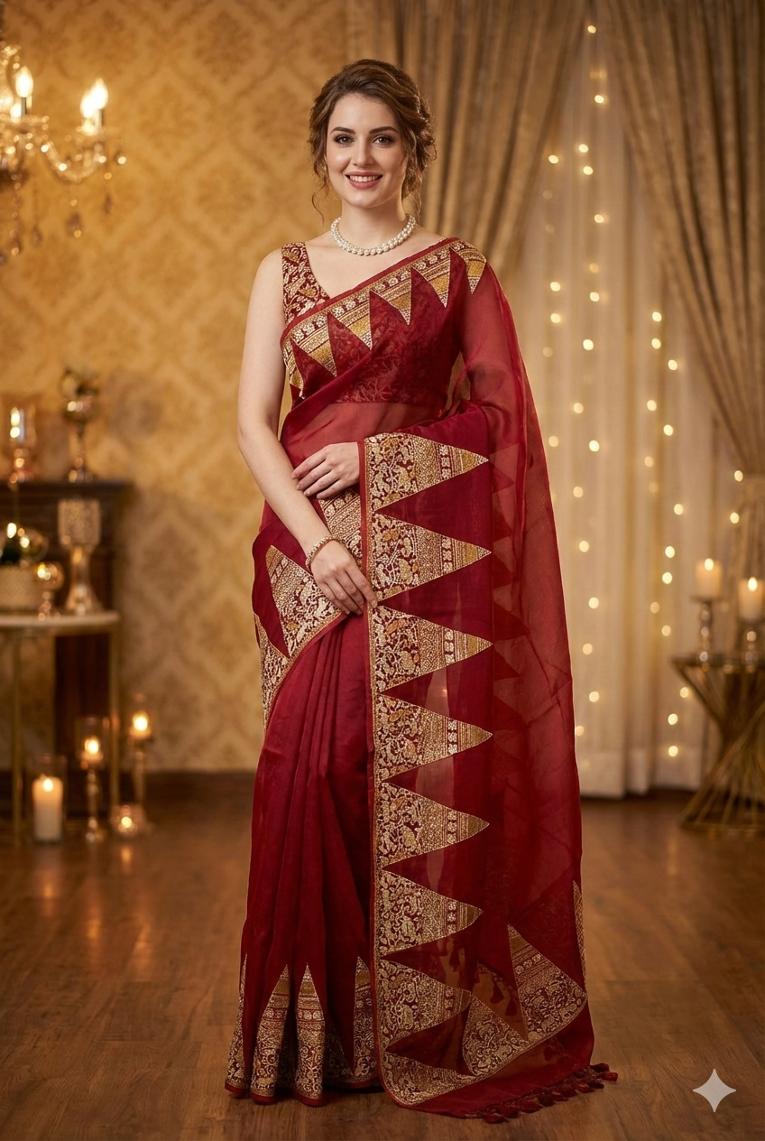 Red Organza Printed Saree With Pita Zari Border, With Unstiched Blouse