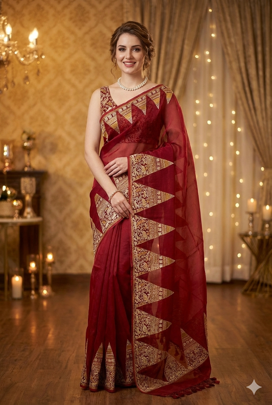 Red Organza Printed Saree With Pita Zari Border, With Unstiched Blouse