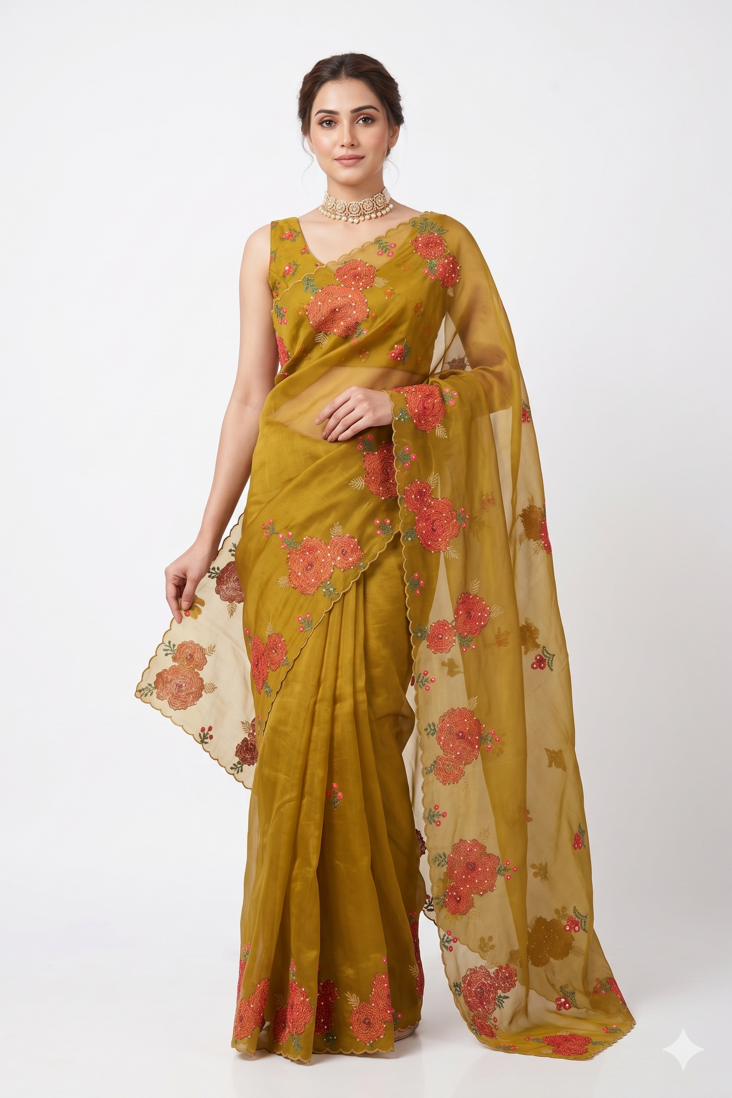 Lime Green Organza Silk Embroidery Saree, With Unstiched Blouse