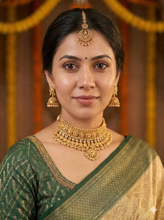 Beige brocade Chanderi silk saree with intricate patterns and matching unstiched blouse, traditional wear by Saarang Sarees.