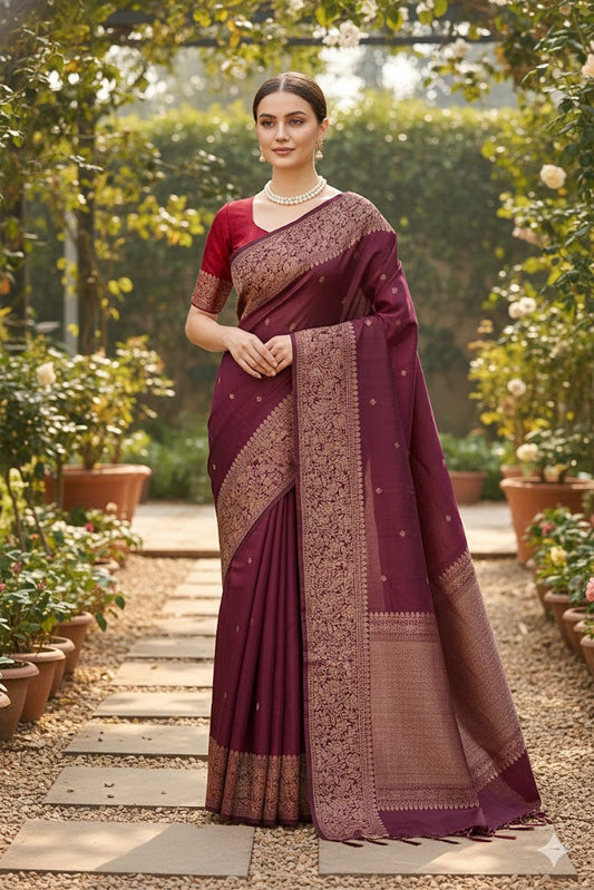 Wine Pure Raw Tussar Banarasi Silk Saree, Hand Woven Motifs With Unstiched Blouse