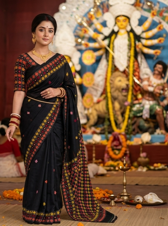 Black Tussar Hand Embroidery Saree, With Unstitched Blouse