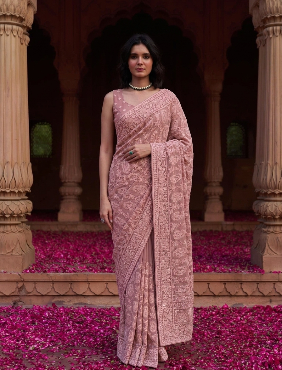 Mauve Georgette Chikankari Embroidery Saree, With Unstitched Blouse