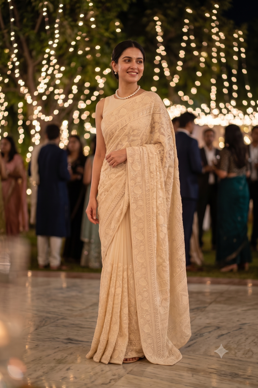 Off-White Georgette Saree With Chikankari Embroidery, Unstitched Blouse