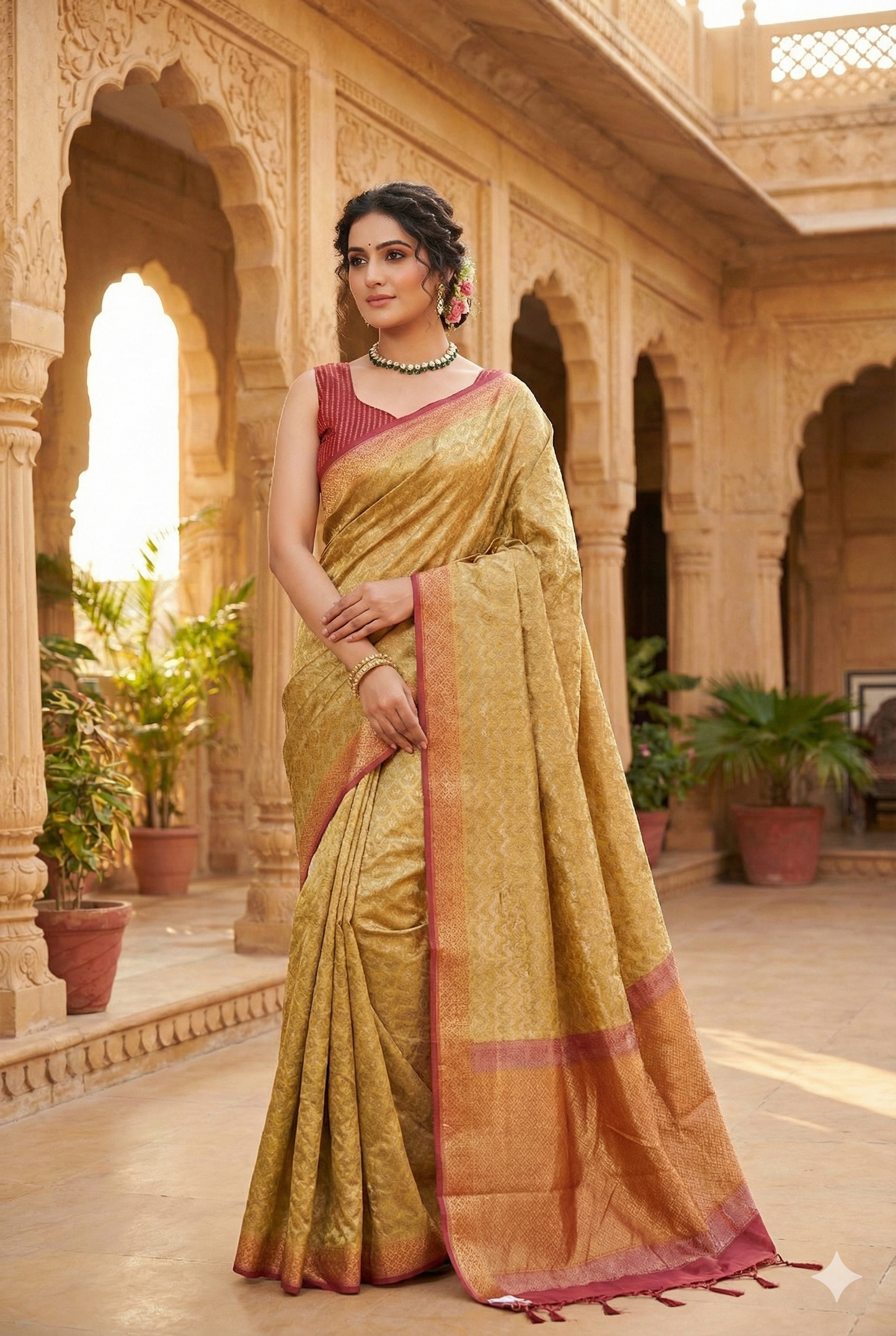 Golden & Red Brocade Chanderi Silk With Unstiched Blouse
