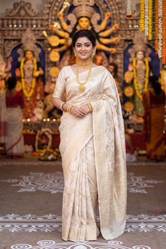 Off-White Tussar Khaddi Hand Weaving Saree, With Unstiched Blouse