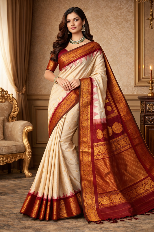 Offwhite Gadwal Silk Saree With Unstiched Contrast Blouse
