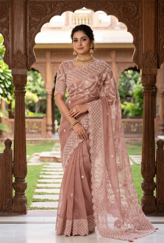 Mauve Organza Silk Hand Embroidery Saree, With Unstiched Blouse