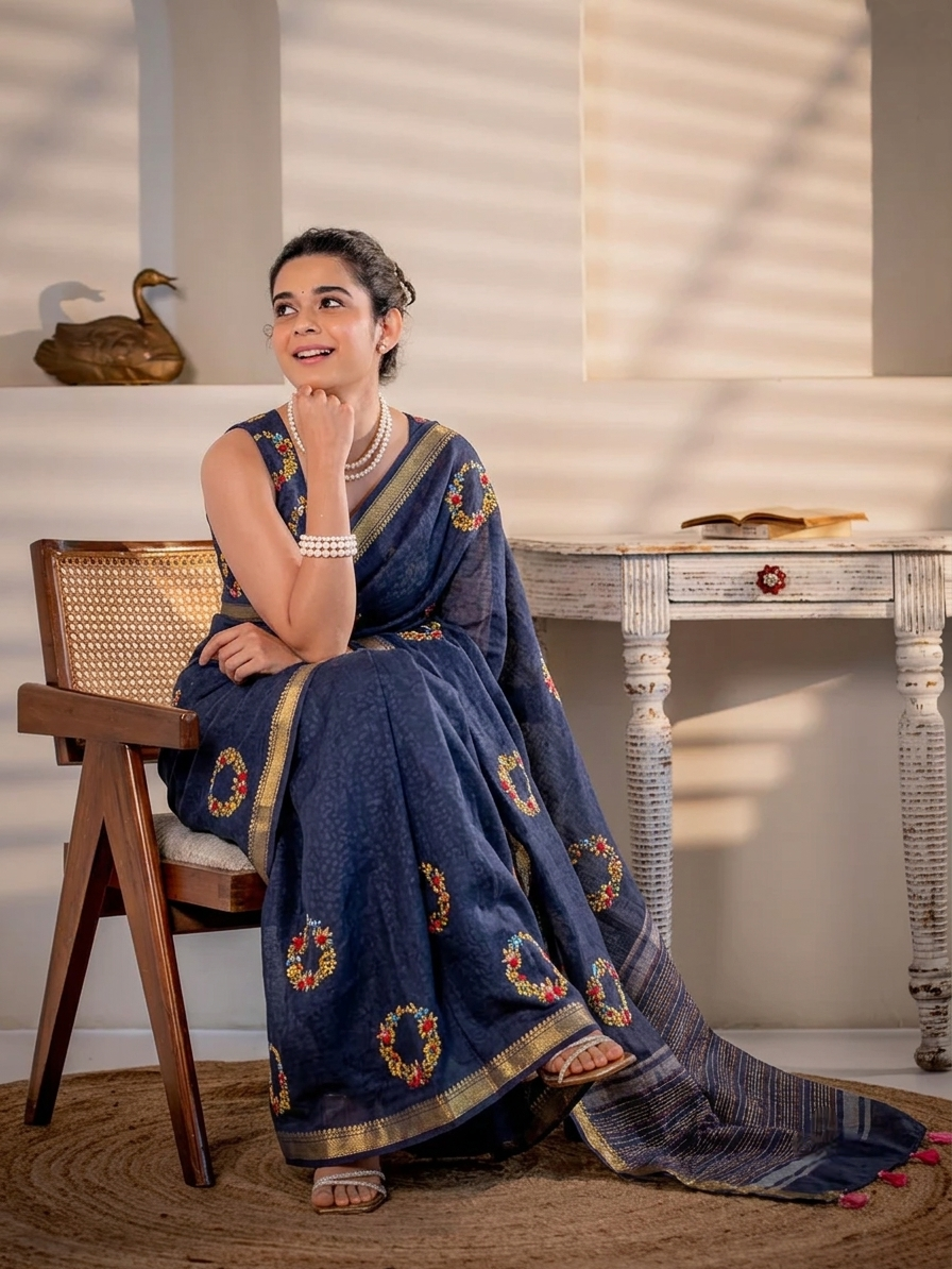 Navy Blue Linen Silk Saree Hand Embroidered Work, With Unstiched Blouse