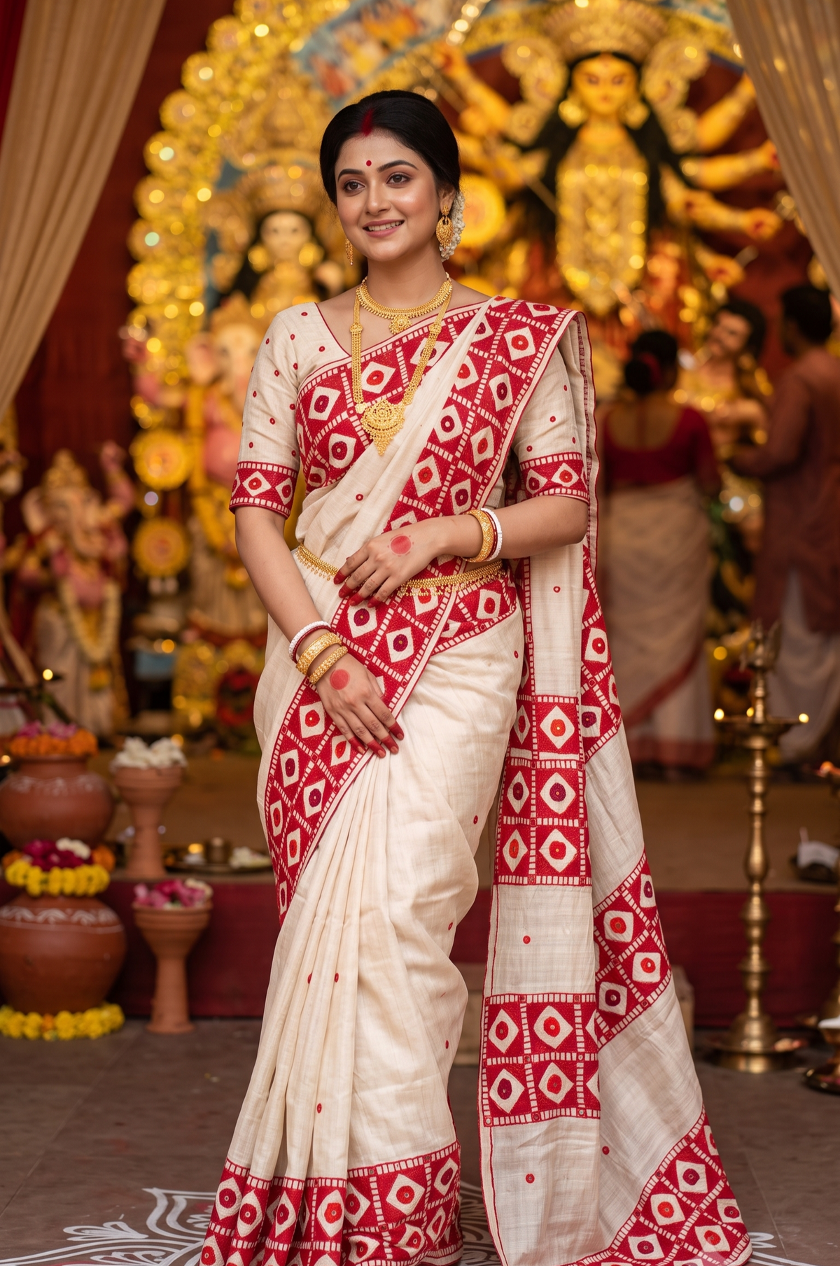 Off-White Tussar Hand Embroidery Saree, With Unstitched Blouse