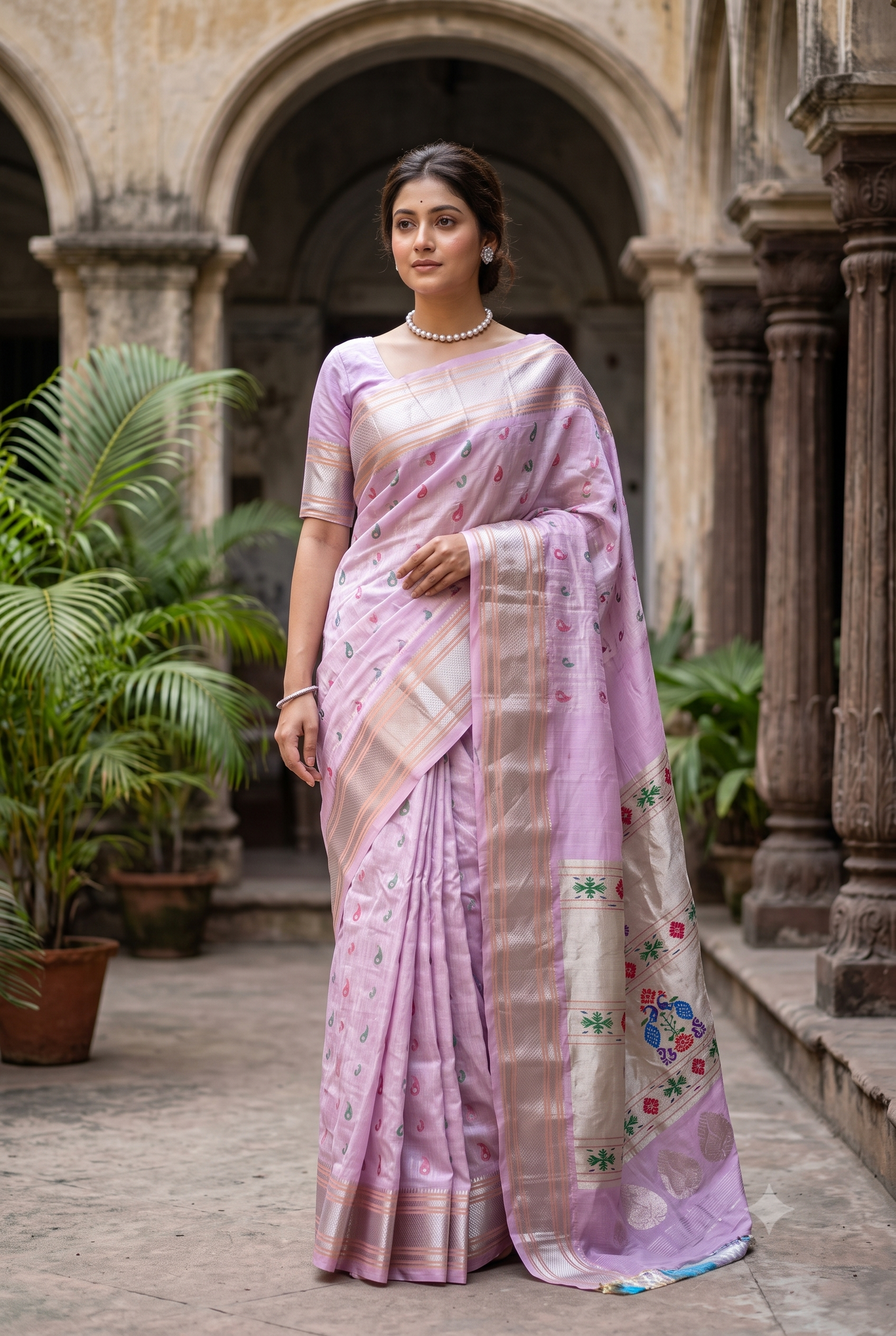 Lavender Gadwal Silk Sarees With Paithani Work, With Unstiched Blouse