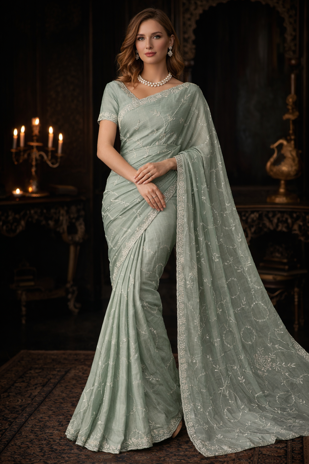 Mint Crepe Silk Saree With Embroidery Work, With Unstitched Blouse