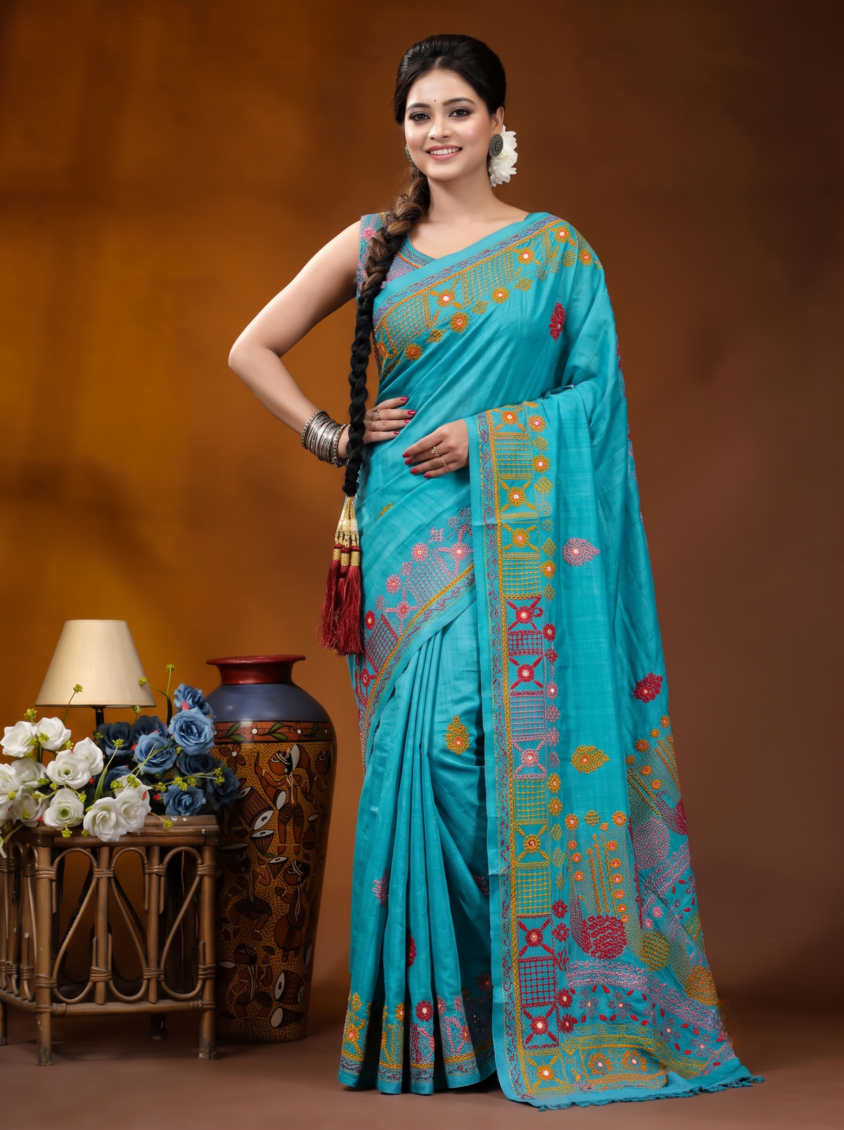 Sea Green Tussar Embroidery Saree With Lambani Work Border, With Unstitched Blouse