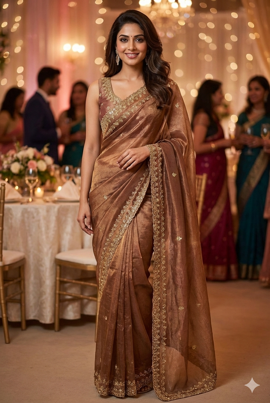 Brown Tissue Embroidery Saree, With Unstiched Blouse