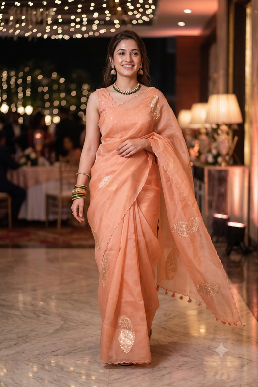 Peach Organza Saree With Appliqué Work, With Two Unstitched Blouse