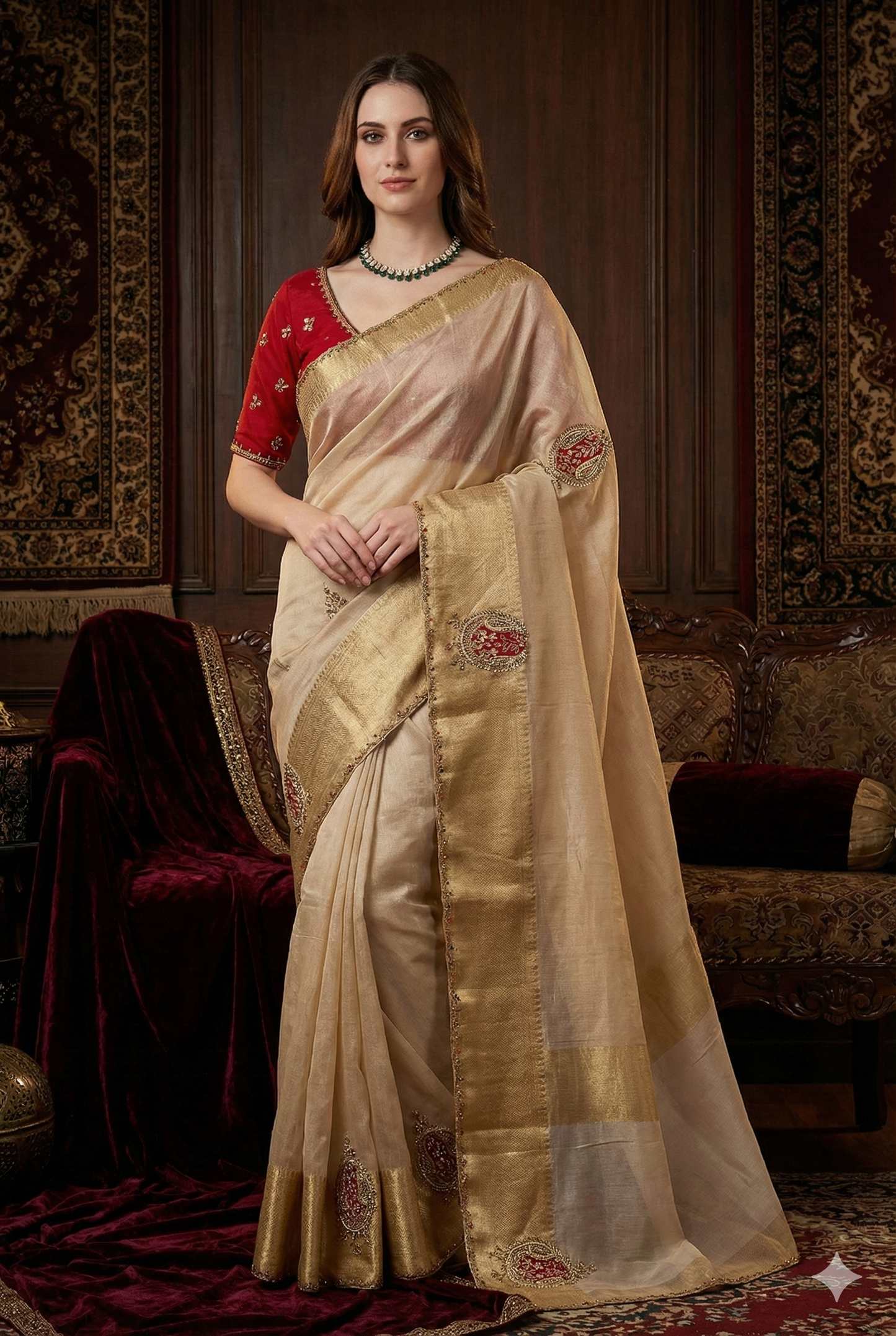 Offwhite Tissue Silk Embroidery Saree, With Unstiched Blouse