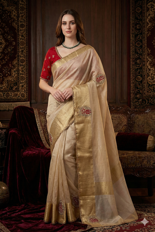 Offwhite Tissue Silk Embroidery Saree, With Unstiched Blouse