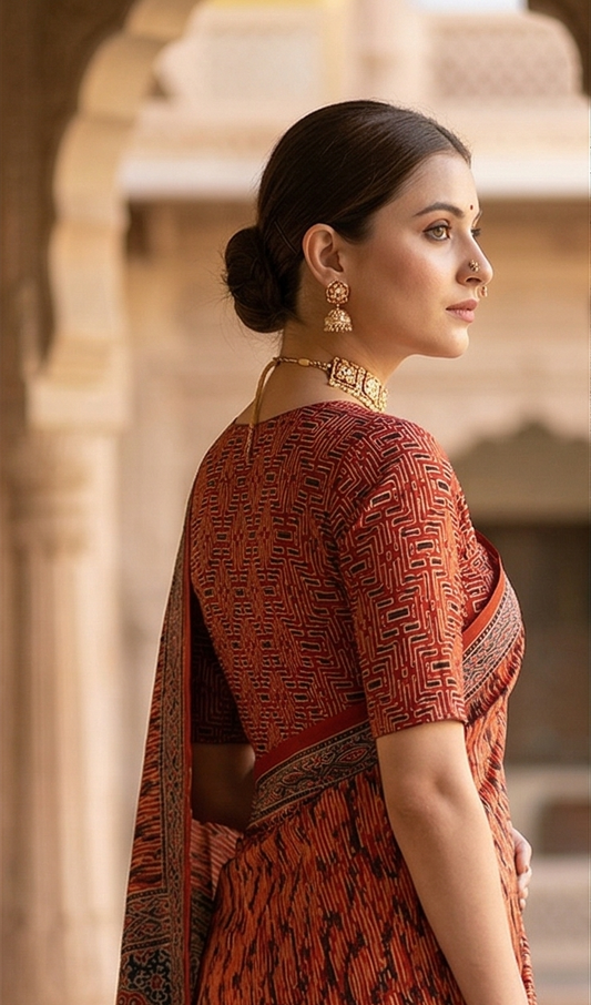 Soft red pure modal silk Ajrakh printed saree with an unstiched blouse, traditional wear by Saarang Sarees, displayed in the image.