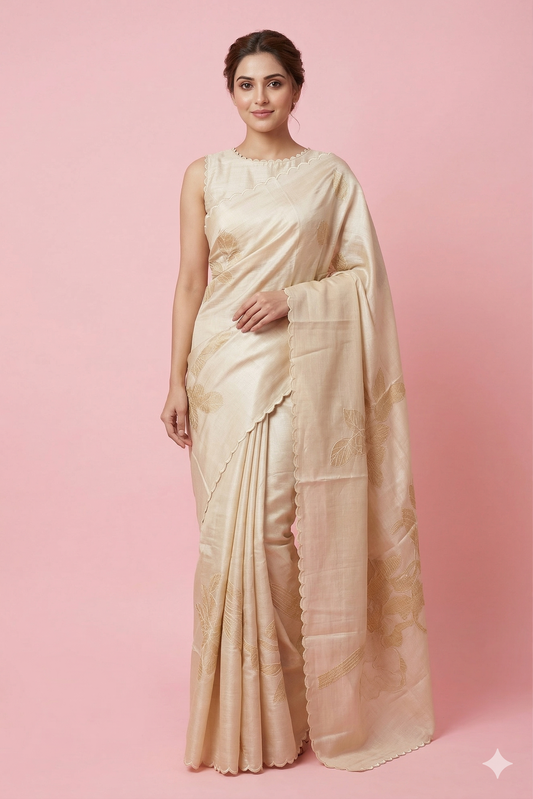 Off-White Tussar Saree by Saarang Sarees with intricate applique work and matching unstiched blouse, traditional wear for special occasions.
